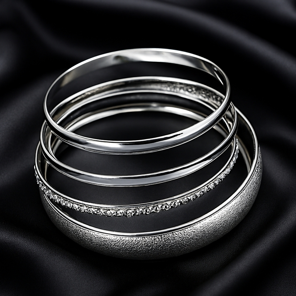 5-Piece Silver Textured Bangle Bracelet Set – Bold Women’s Fashion  Jewelry
